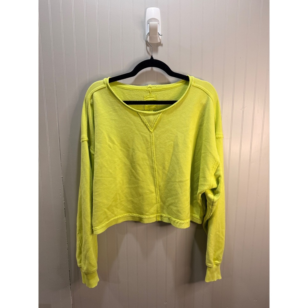 Aerie Womens Neon Lime Green Cropped Waffle Knit Sweatshirt Size M Relaxed Fit